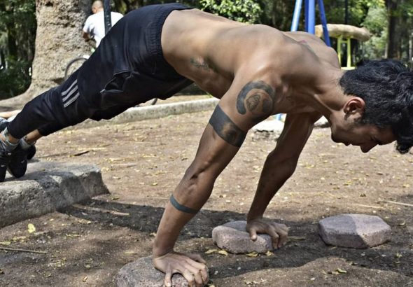 Athletic man performing elevated push-ups on rocks in a park setting.